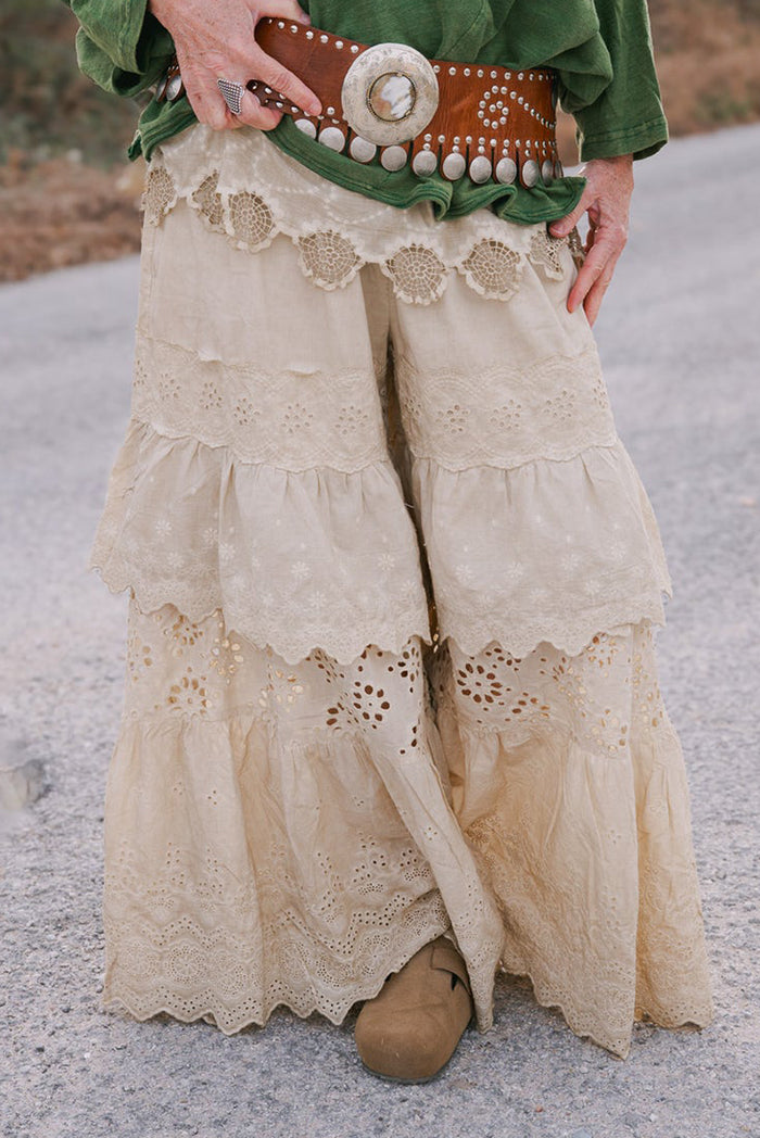 Lace Tiered Beige Wide-Leg Pants