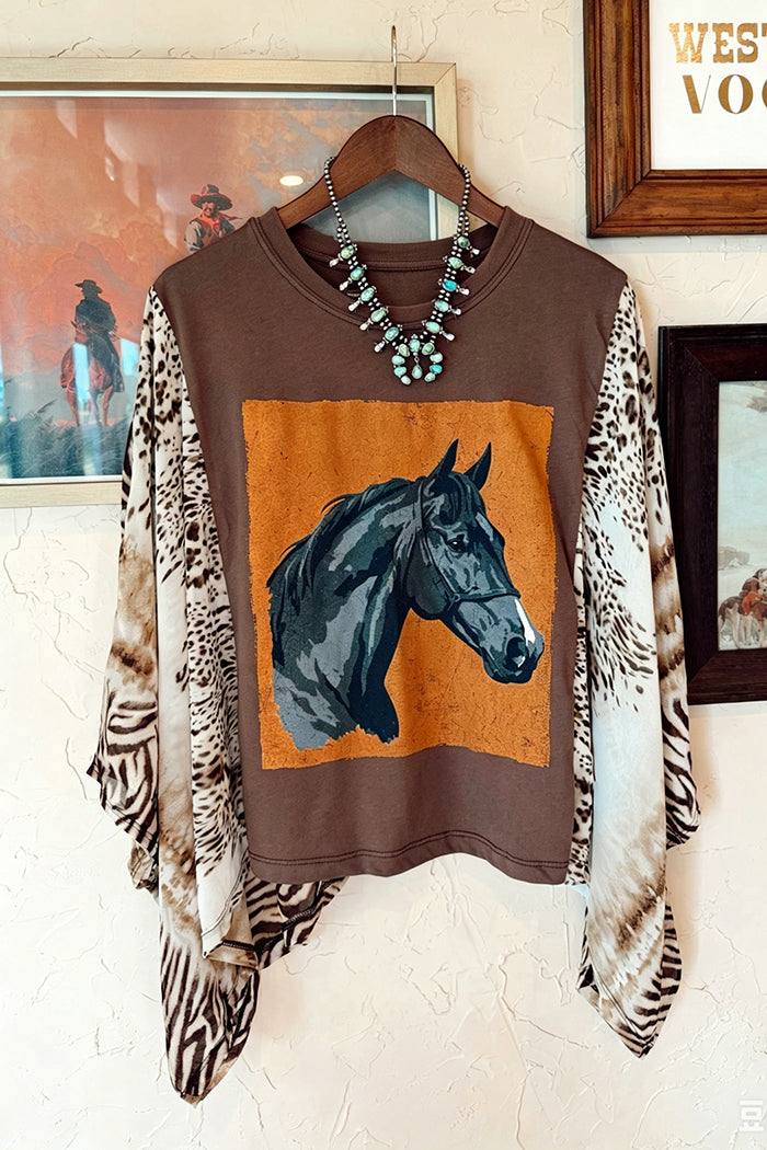 Horse Print Contrast Kaftan Sleeve Top