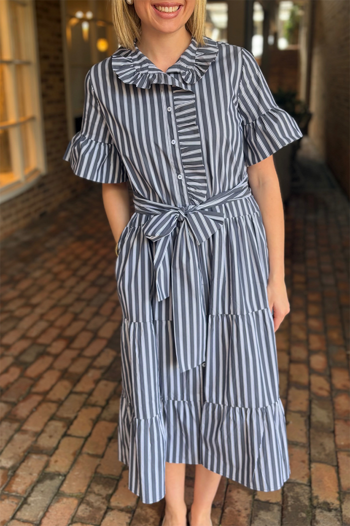 Flared Sleeve Striped Pocket Belted Dress
