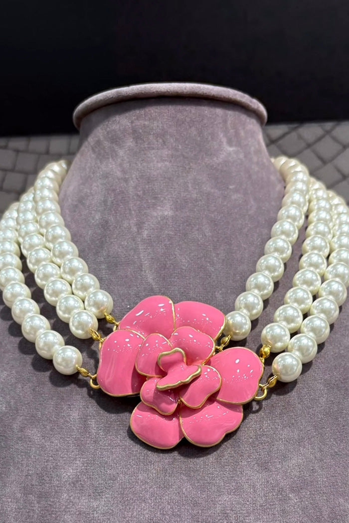 Pink Beaded Flower Choker Necklace