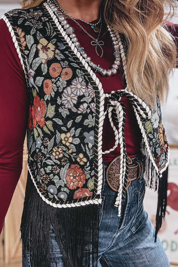 Floral Embroidered Fringe Tie Vest