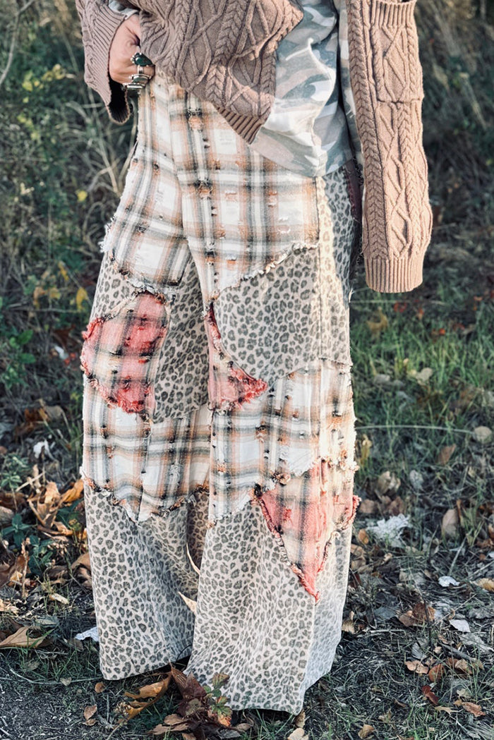 Patchwork Plaid & Leopard Wide-Leg Pants