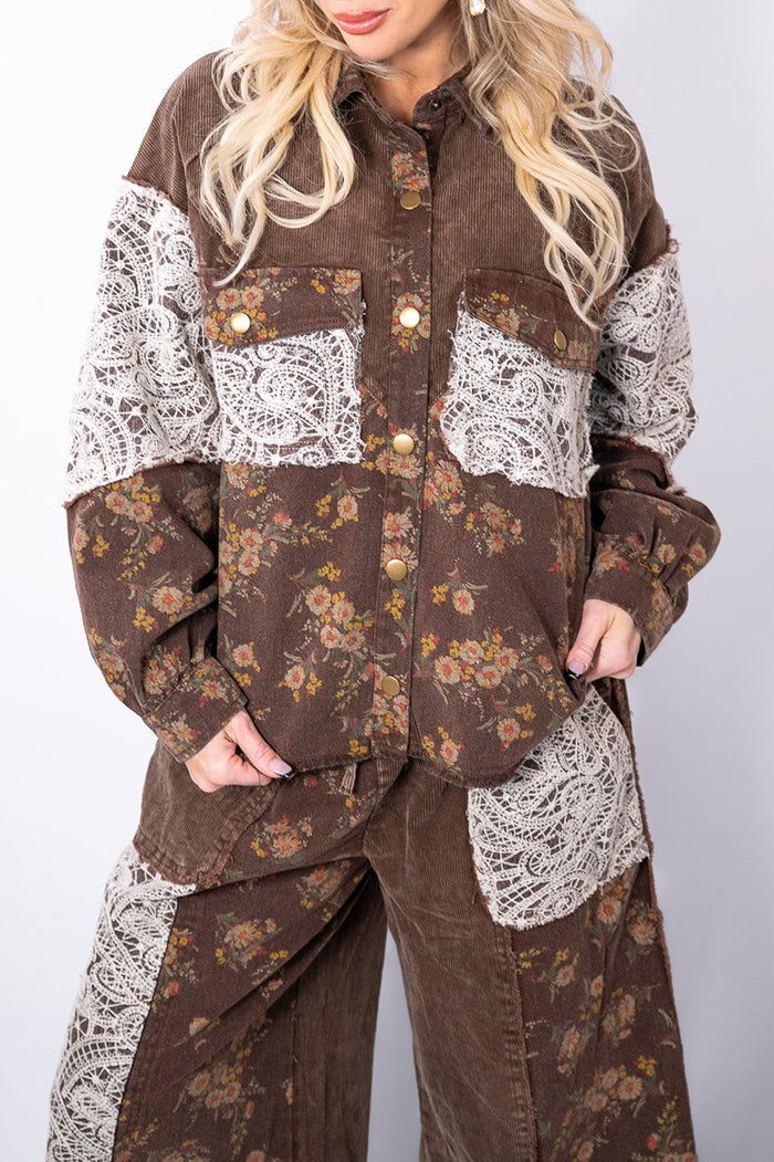 Vintage Brown Floral Lace-Trimmed Jacket