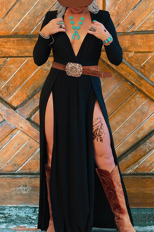 Black Long Sleeve Split Maxi Dress