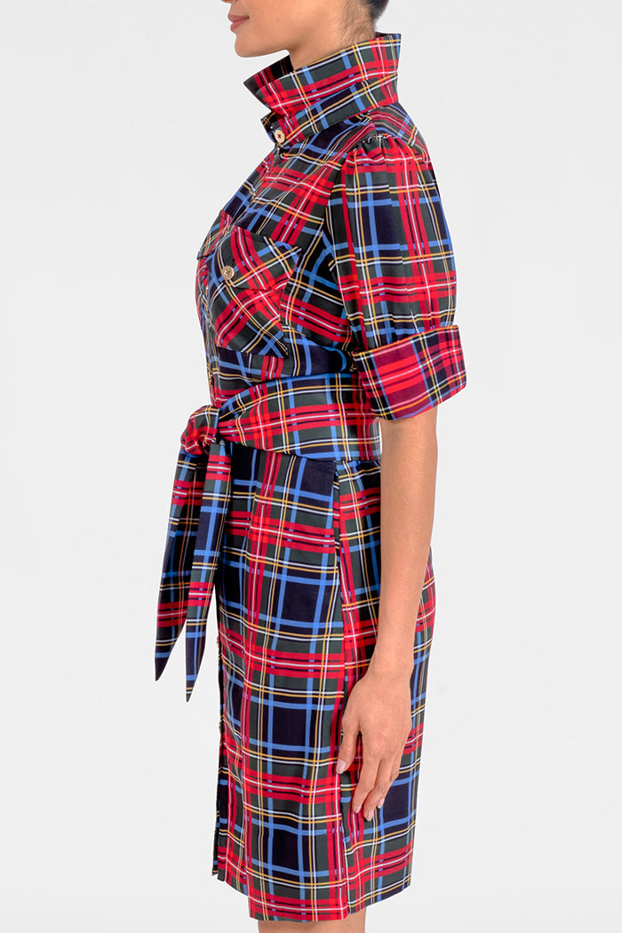 Plaid Pocket Collared Shirtwaist Dress
