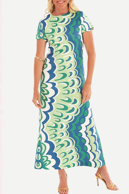 Wave Short Sleeve Side Slit Maxi Dress