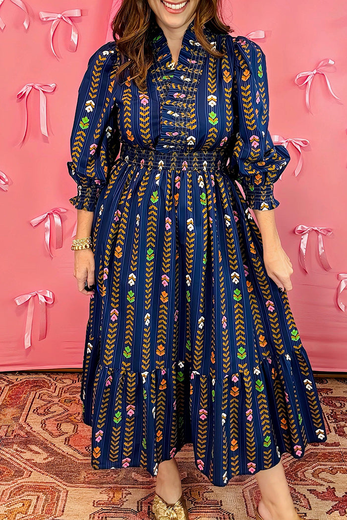 Smocked Ruffle Neck Long Sleeve Dress