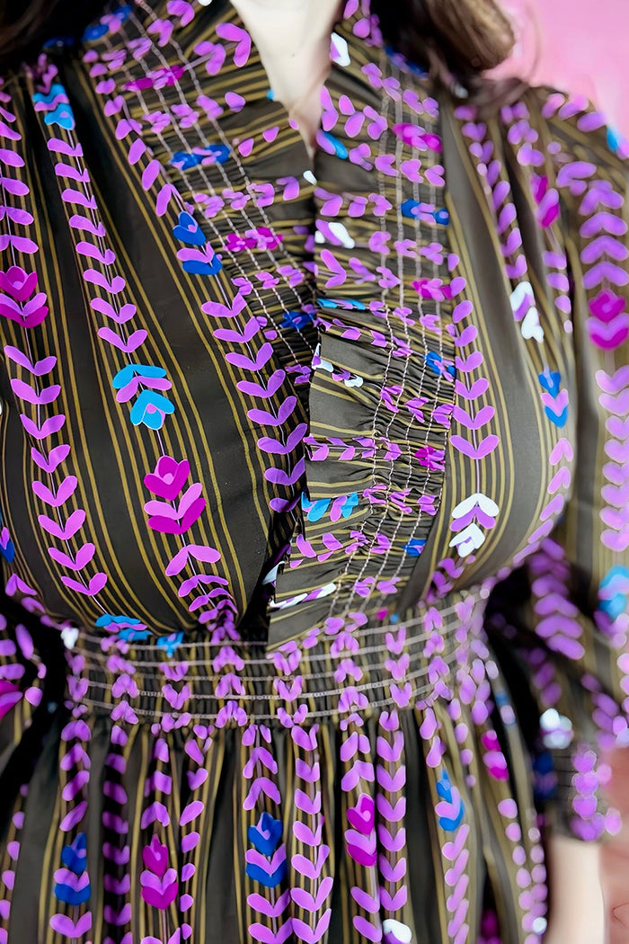 Smocked Ruffle Neck Long Sleeve Dress