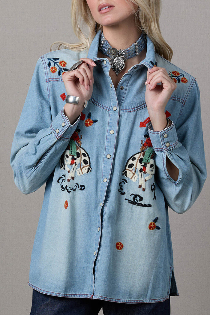 Snap Front Cowgirl Floral Denim Workshirt Top