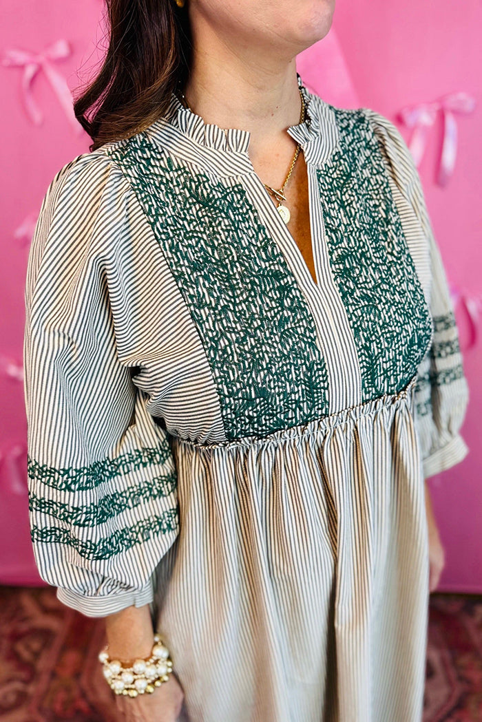 Embroidered Stripe Pocket Midi Dress