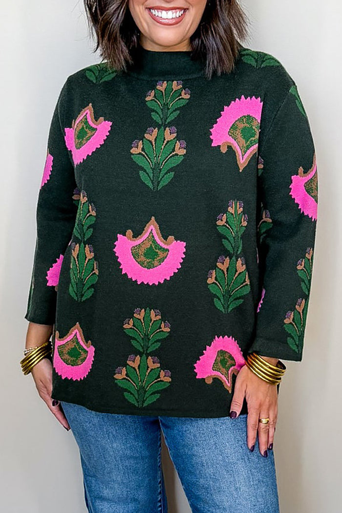 Floral Motif Mock-Neck Oversized Knit Sweater