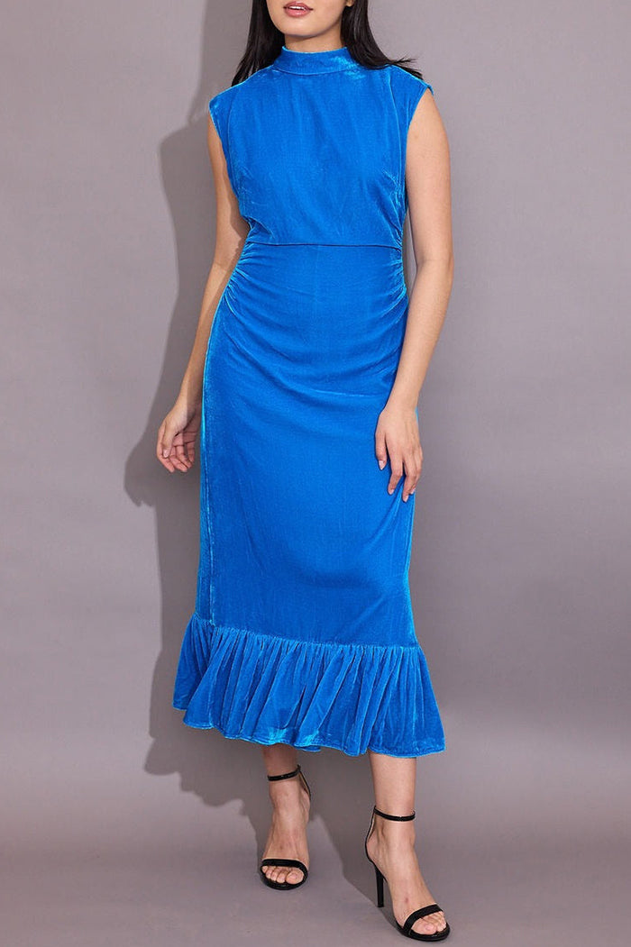 Velvet Sleeveless High-Neck Ruffled-Hem Dress
