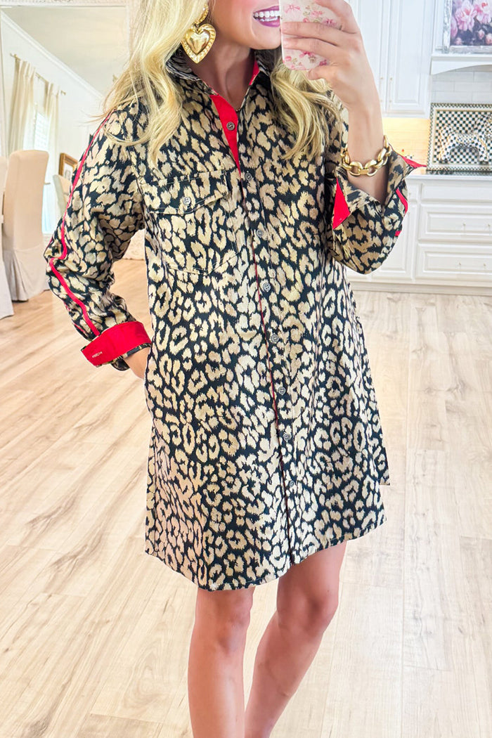 Leopard Print Button-Down Pocket Shirt Dress