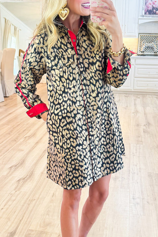 Leopard Print Button-Down Pocket Shirt Dress