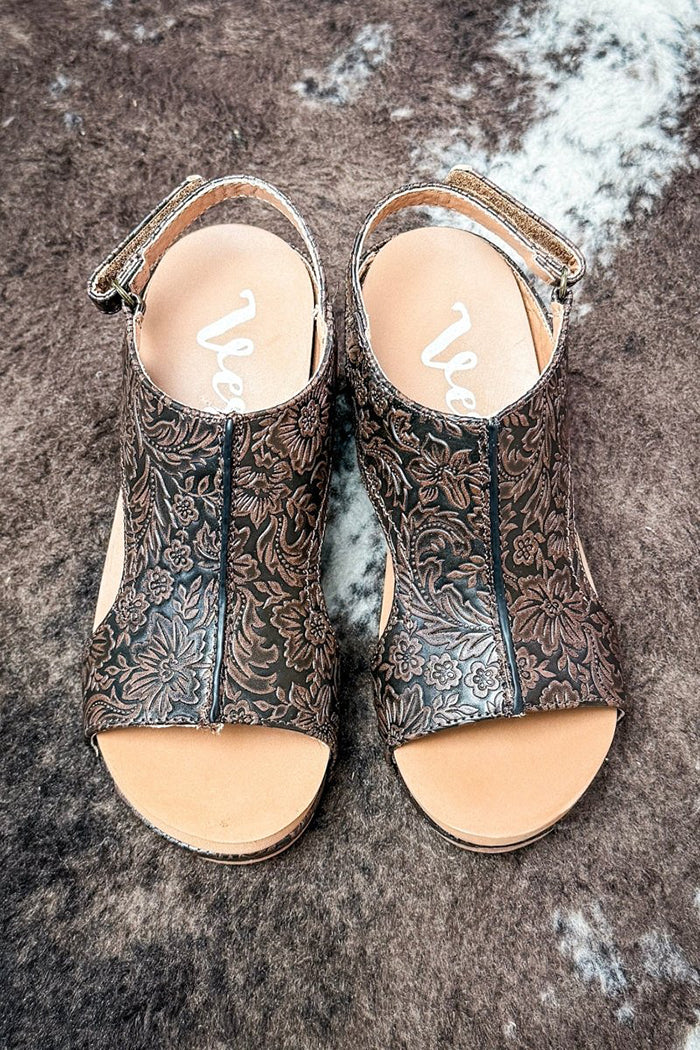 Western Tooled Floral Wedge Sandals