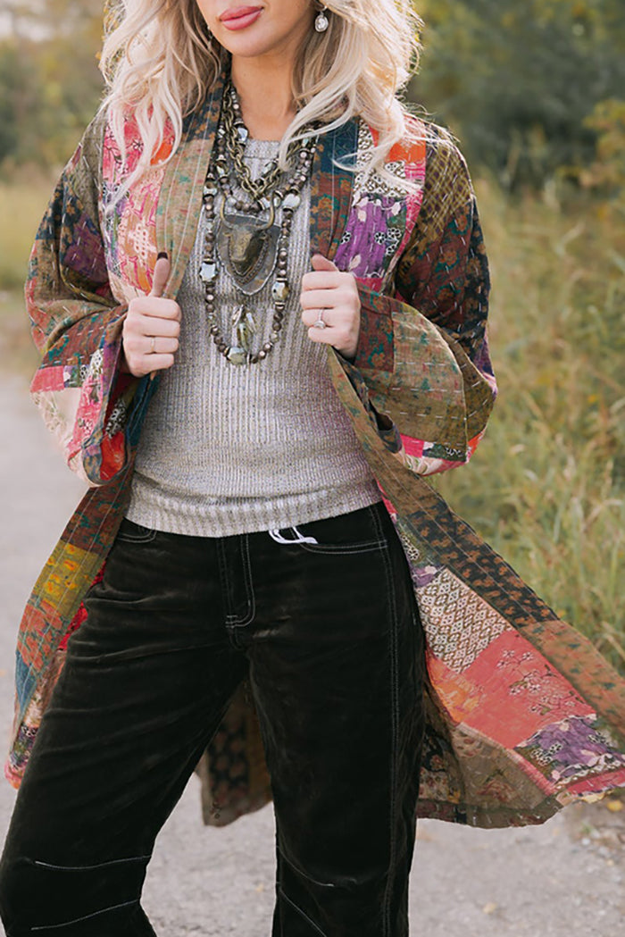 Eclectic Mixed-Pattern Tie-Waist Duster
