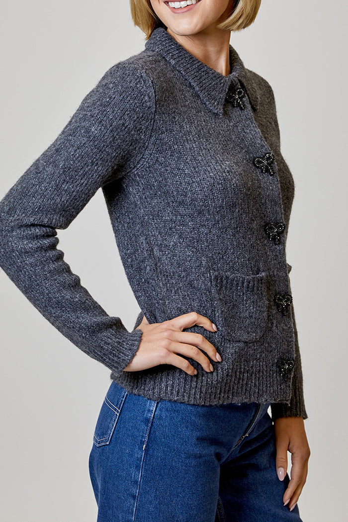 Knit Collared Bow-Button Pocket Cardigan