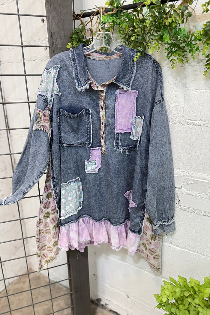 Pocketed Patchwork Denim Ruffle Top
