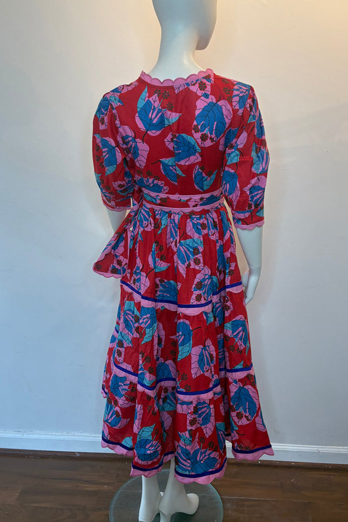 Belted Scalloped Trim Print Long Dress