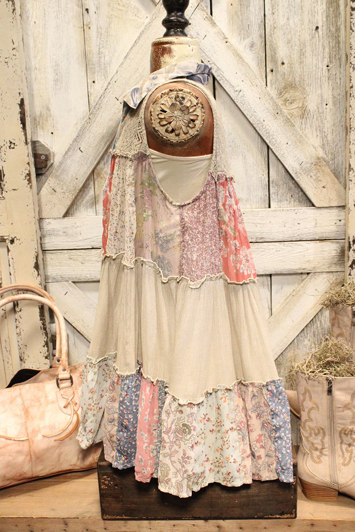 Collared Sleeveless Patchwork Tiered Swing Tank