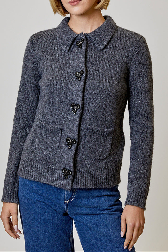 Knit Collared Bow-Button Pocket Cardigan