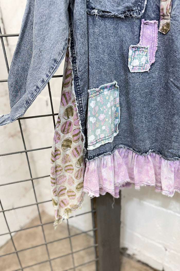 Pocketed Patchwork Denim Ruffle Top