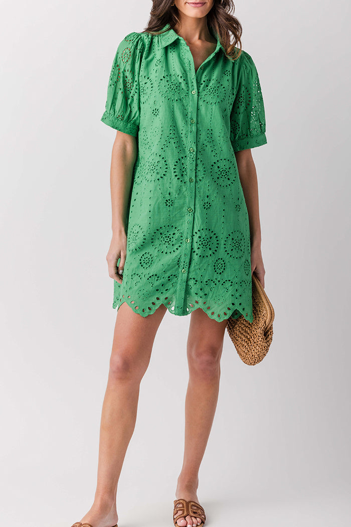 Green Puff Sleeve Eyelet Dress