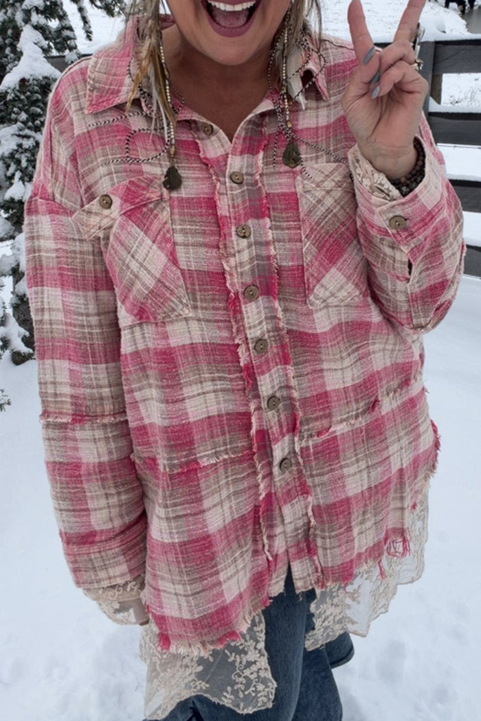 Pocketed Plaid Embroidered Mesh Shacket