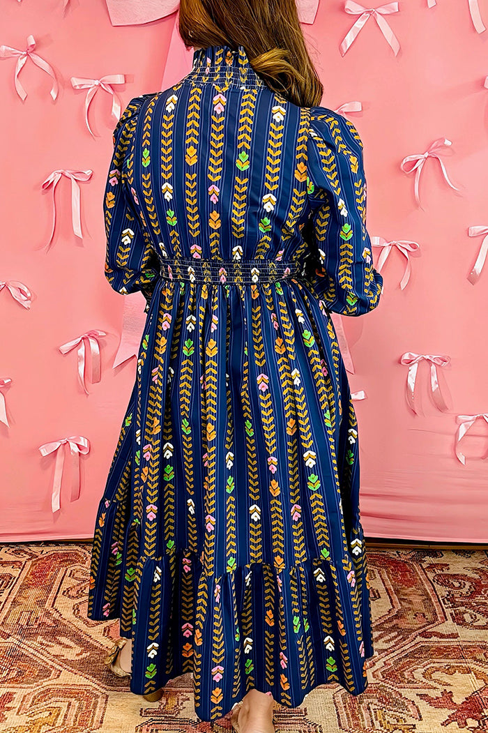 Smocked Ruffle Neck Long Sleeve Dress