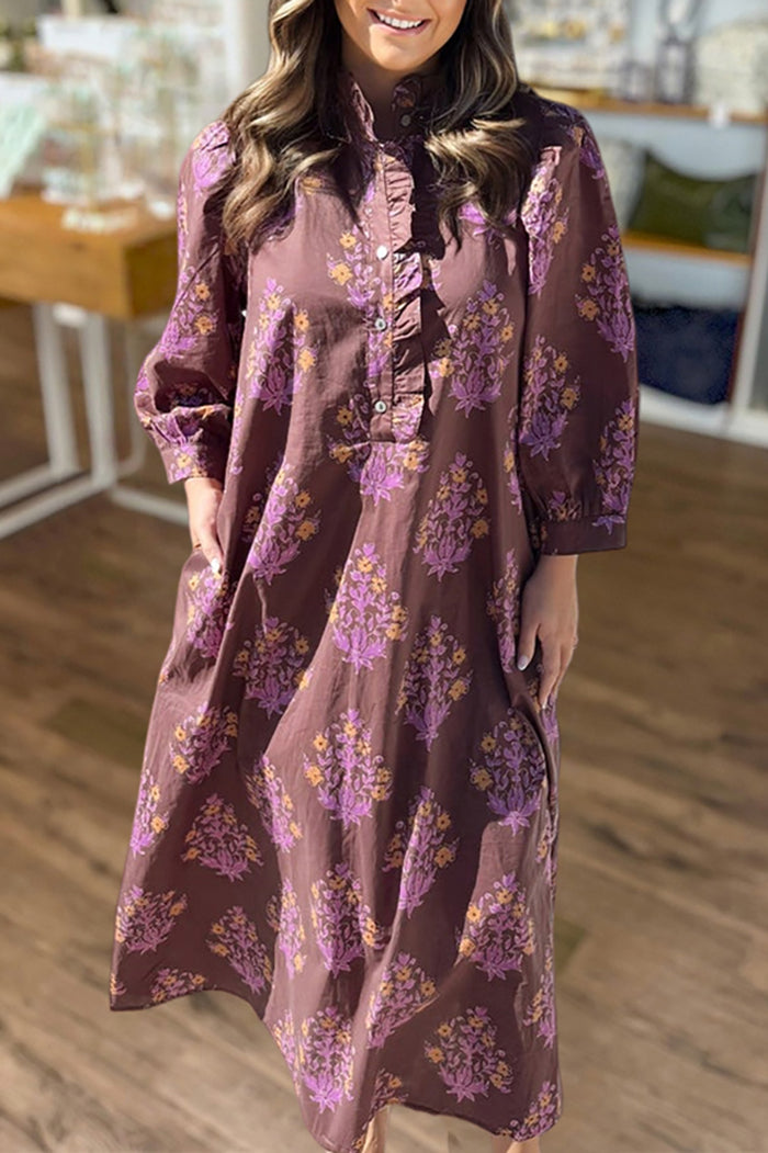 Floral Print Ruffled Collar Button Dress