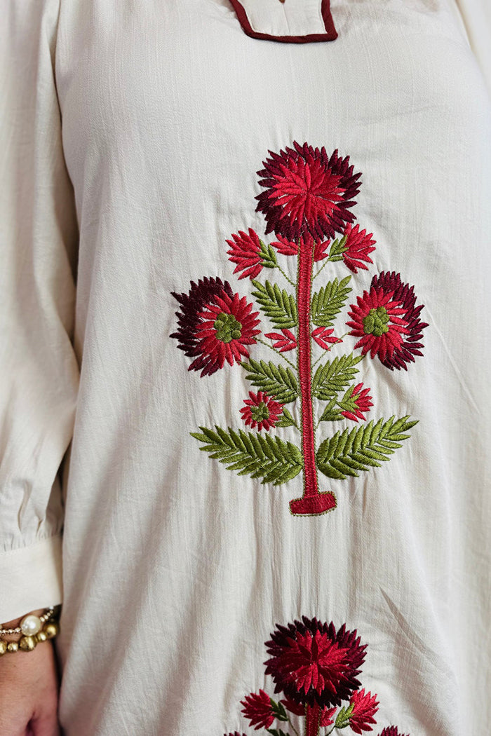 Embroidered Floral Long Sleeve Pocket Maxi Dress