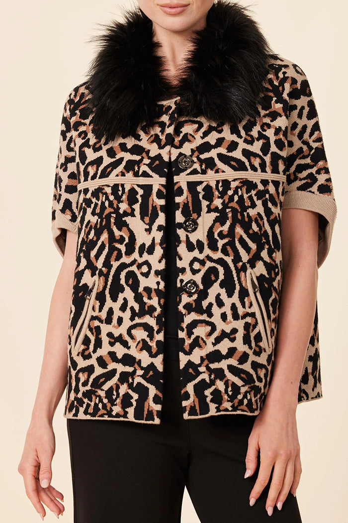 Leopard Print Fur-Collar Buttoned Jacket