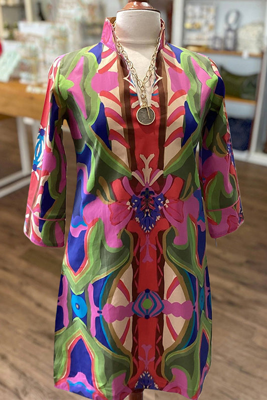 Vibrant Abstract Print 3/4 Sleeve Dress