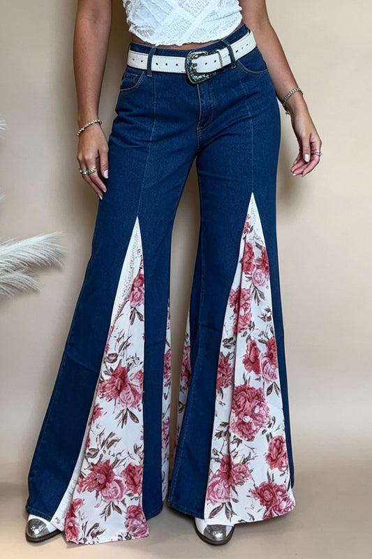 Mid Wash Denim Asymmetrical Floral Insert Flare Pants