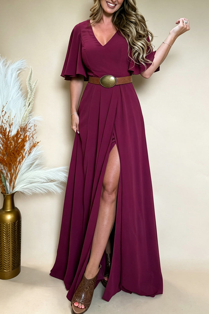 Flutter Sleeve Split Back Zip Maxi Dress