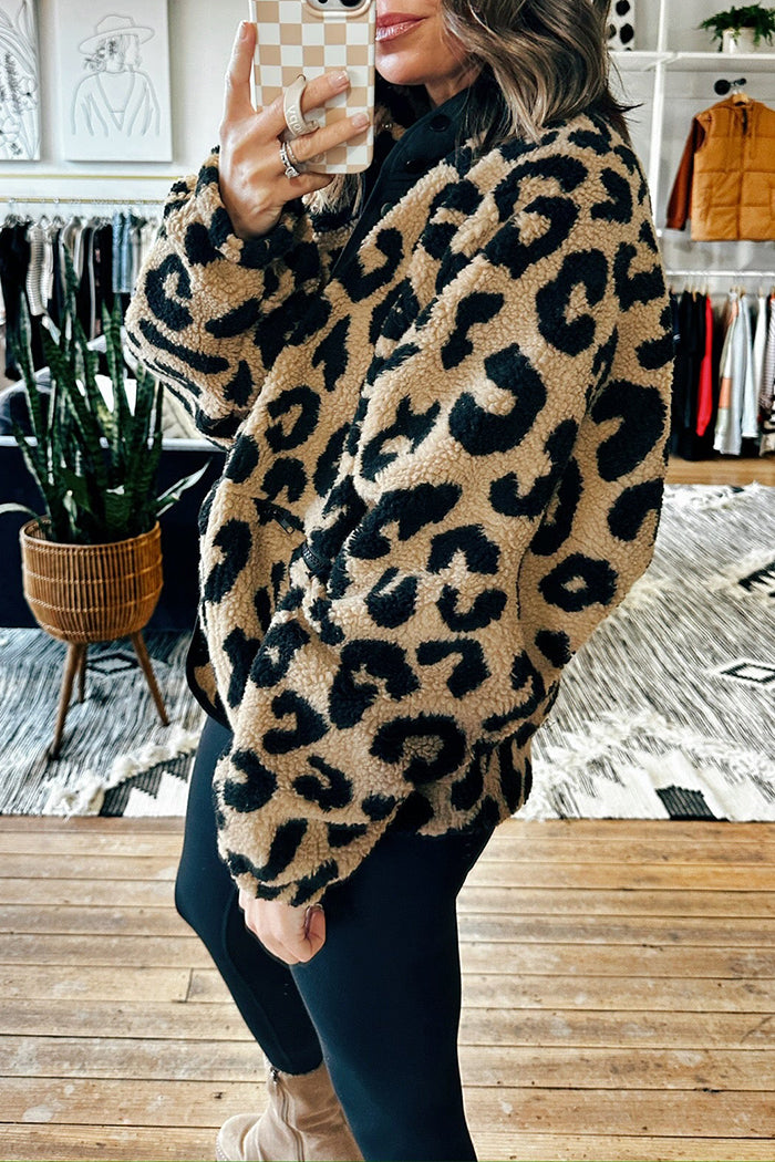Leopard Print Buttoned Pockets Fleece Jacket