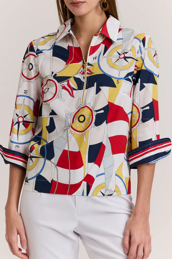 Half Zip Collared 3/4 Sleeve Blouse