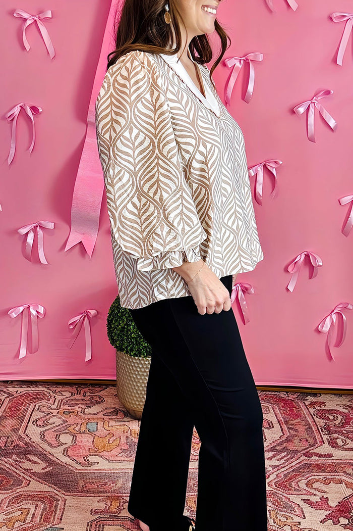 3/4 Sleeves Leaf Print Top