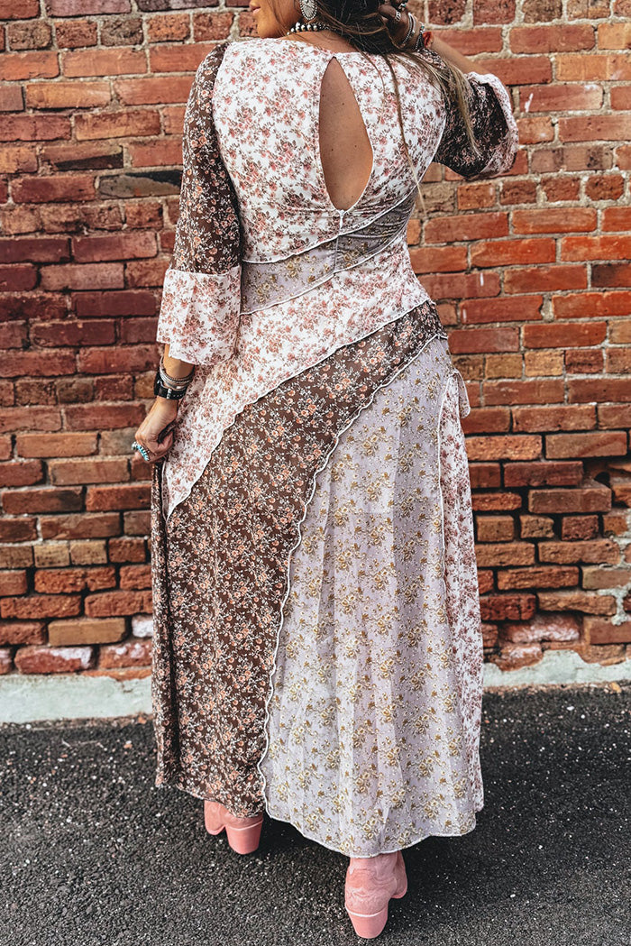 Floral Patchwork Ruffle Trim Back Zipper Dress
