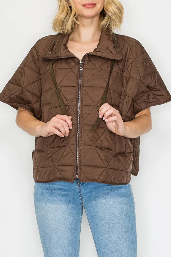 Brown Zip Pocketed Short-Sleeve Puffer Jacket