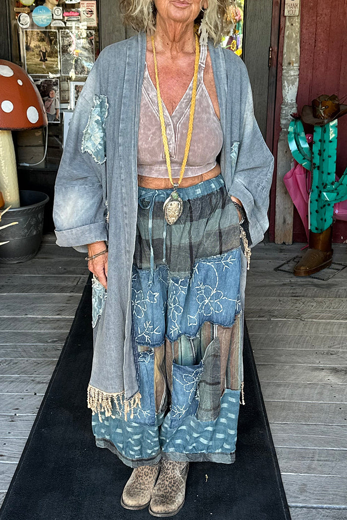 Oversized Denim Patchwork Pocket Kimono