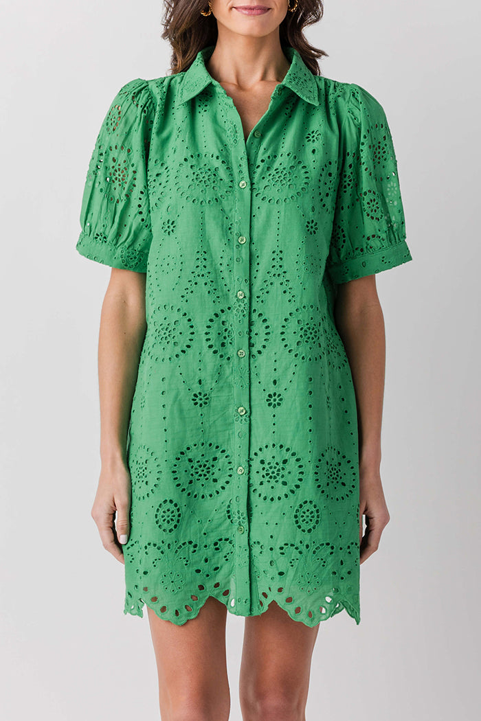 Green Puff Sleeve Eyelet Dress
