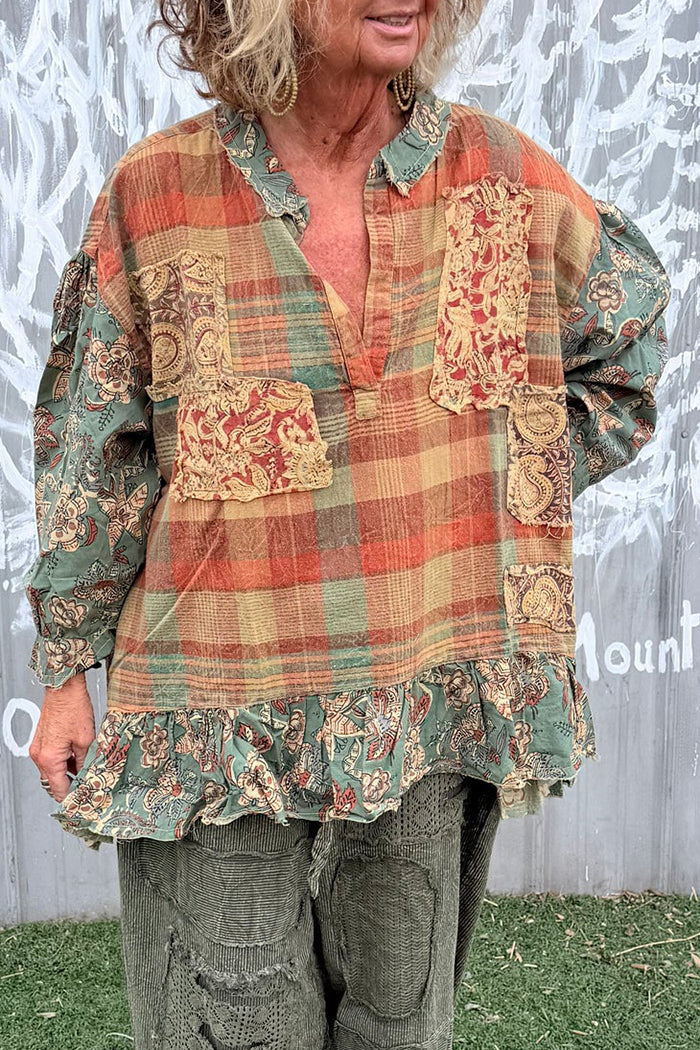 Boho Patchwork Plaid Ruffled Top