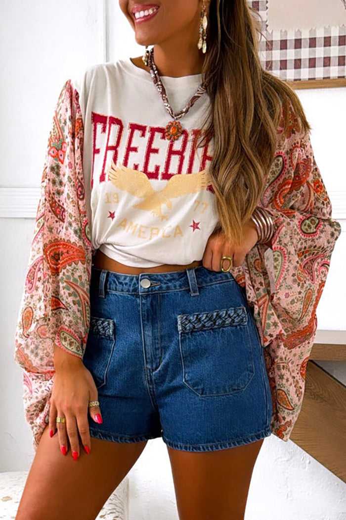 Long Sleeve Paisley Spliced Graphic Top