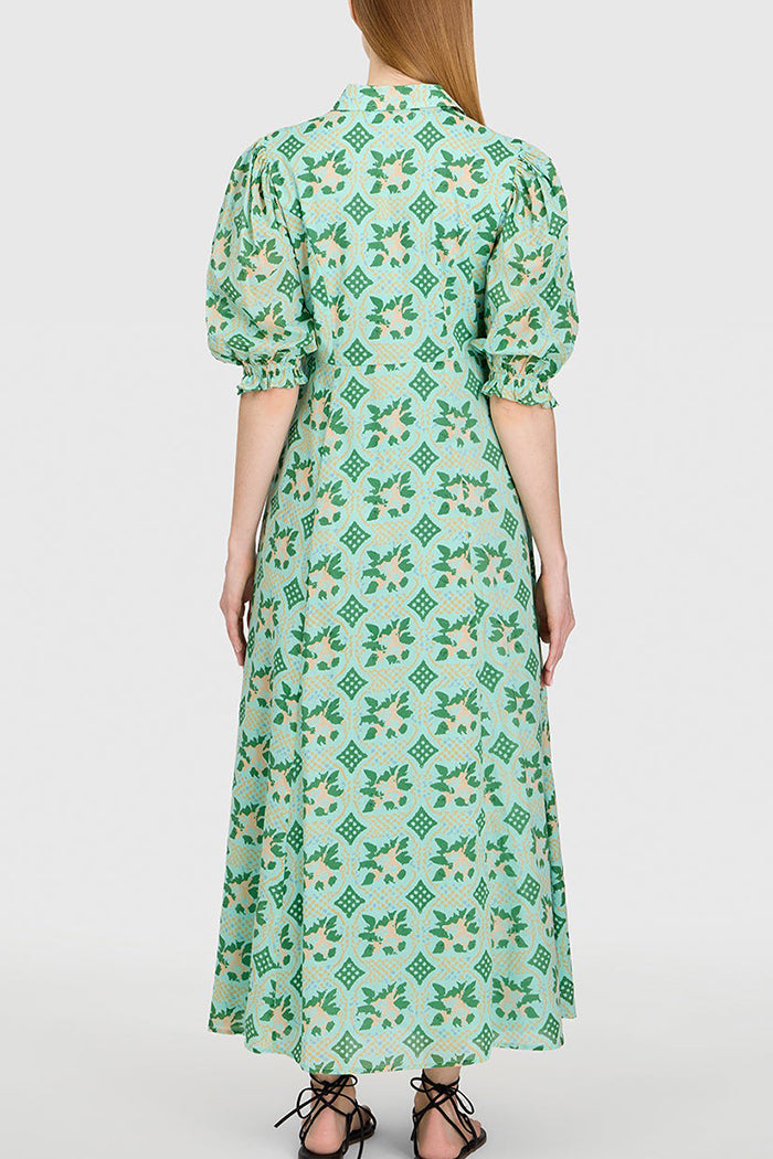 Button Front Puff Sleeve Pocket Dress