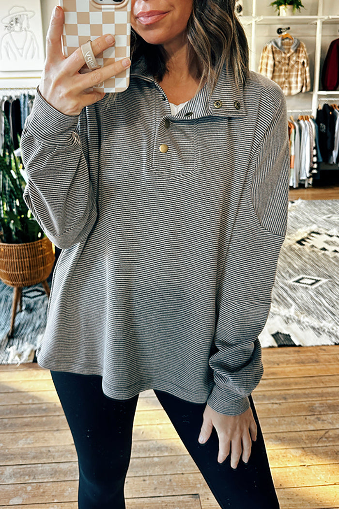 Relaxed-Fit Button-Accent Striped Henley Blouse