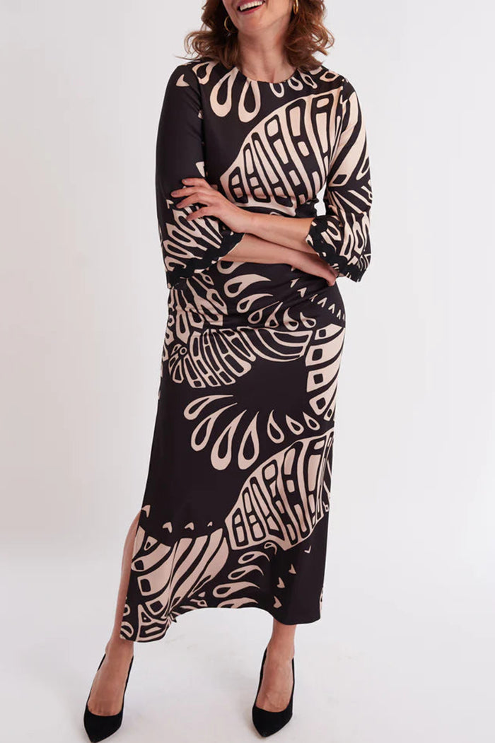 3/4 Sleeves Print Ruffled-Cuff Slit Maxi Dress