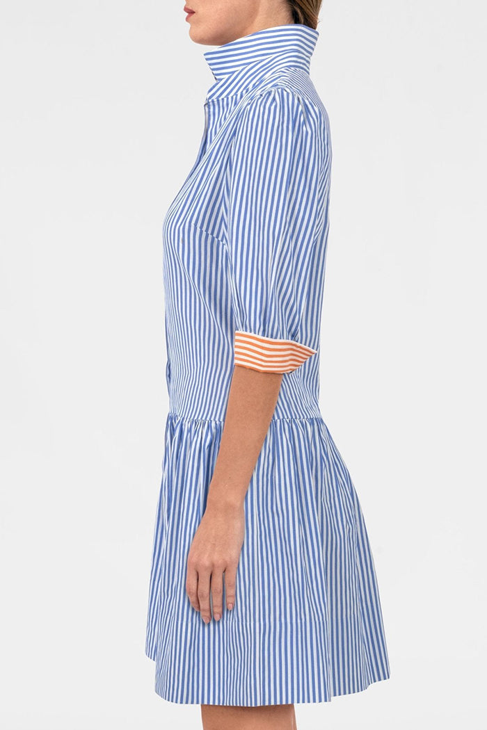 Stripe 3/4 Sleeve Pocket Ruffle Hem Dress