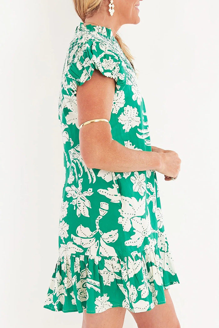 Puffed Sleeve Flutter Hem Pocket Dress