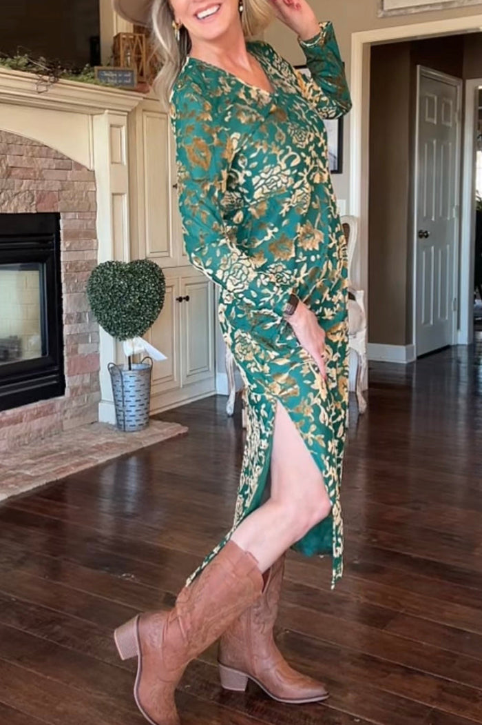 Long Sleeve Floral Split Hem Dress